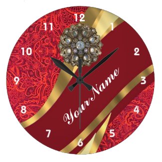 Red damask & gold swirl large clock
