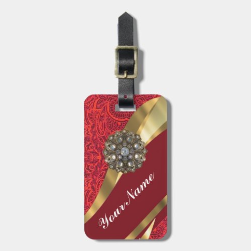 Red damask  gold swirl luggage tag