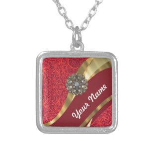 Red damask & gold swirl silver plated necklace
