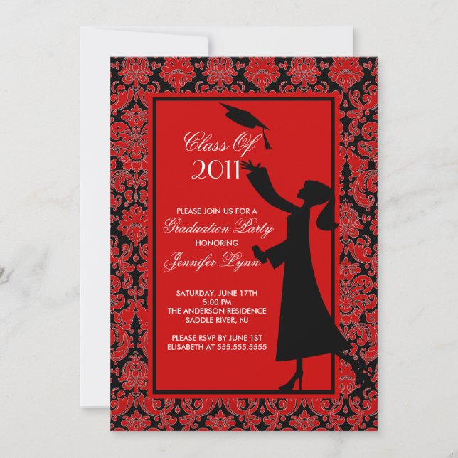 Red Damask Graduation Invitation Silhouette Grad (Front)