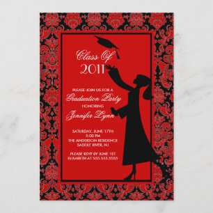 Red Damask Graduation Invitation Silhouette Grad