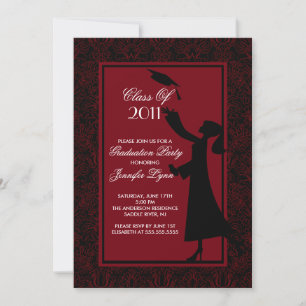 Red Damask Graduation Invitation Silhouette Grad