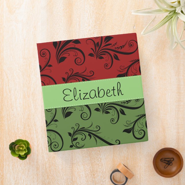 Red Damask, Green Damask, Your Name 3 Ring Binder (In Situ)