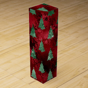 Red Damask Green Metallic Christmas Holiday Wine Box