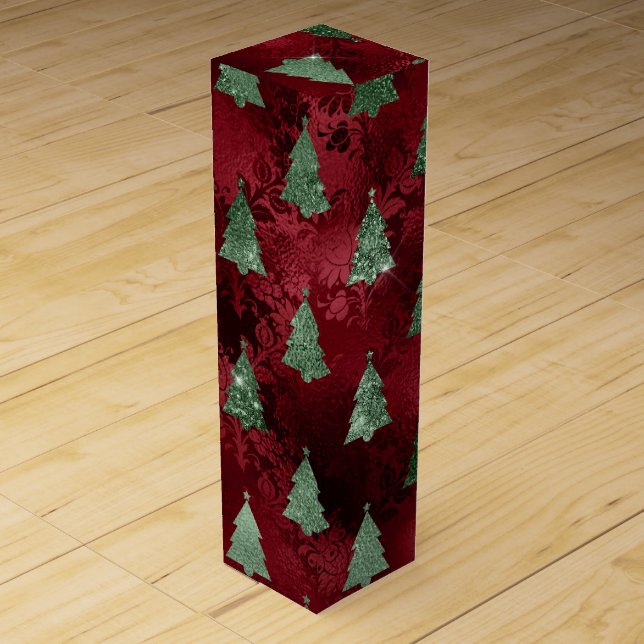 Red Damask Green Metallic Christmas Holiday Wine Box (Front)