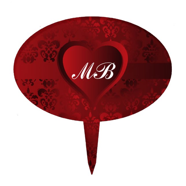 Red damask heart cake topper (Front)