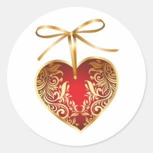 Red Damask Heart Classic Round Sticker