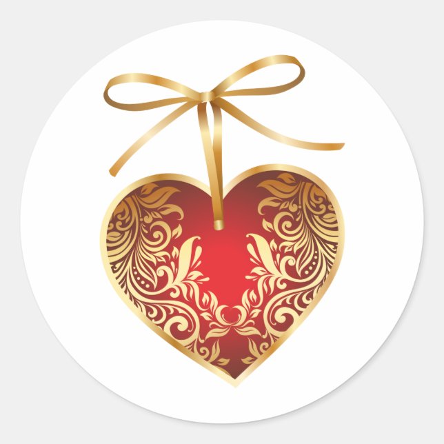 Red Damask Heart Classic Round Sticker (Front)