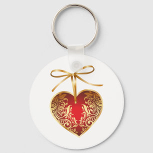 Red Damask Heart Keychain