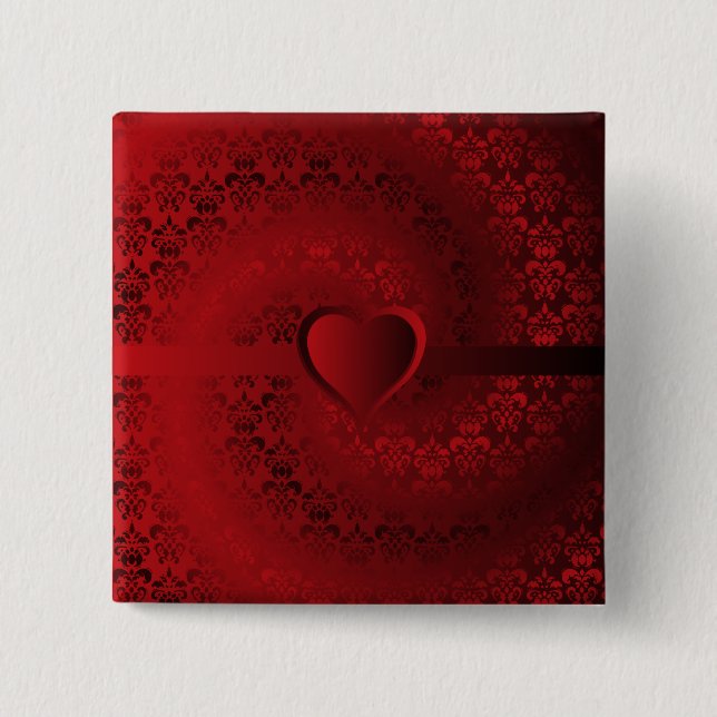Red damask heart pinback button (Front)