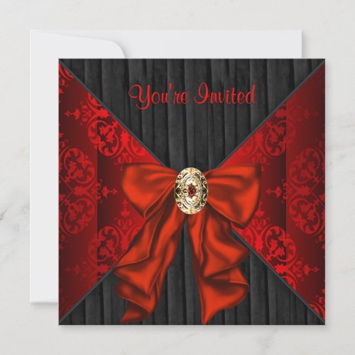 Red Damask Holiday Black Tie Party Invitation