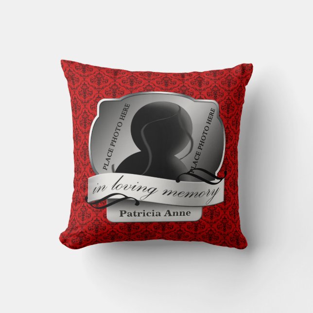 Red Damask "In Loving Memory" In Memoriam Throw Pillow (Front)
