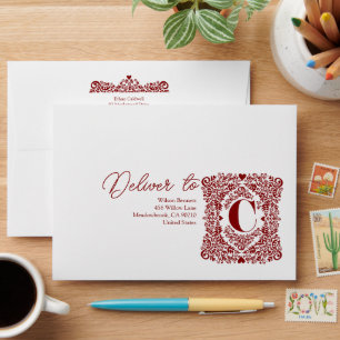 Red Damask Initial C Modern Envelope