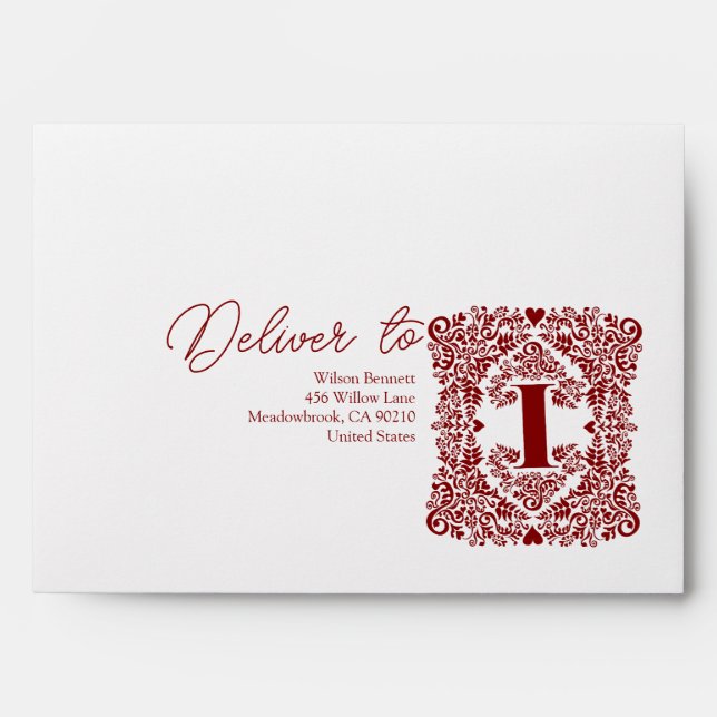 Red Damask Initial I Modern Envelope (Front)