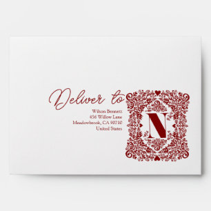 Red Damask Initial N Modern Envelope