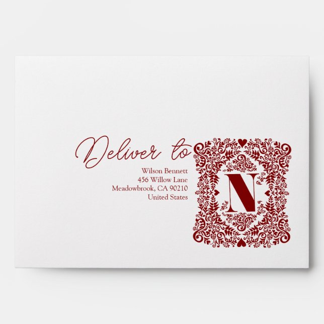 Red Damask Initial N Modern Envelope (Front)