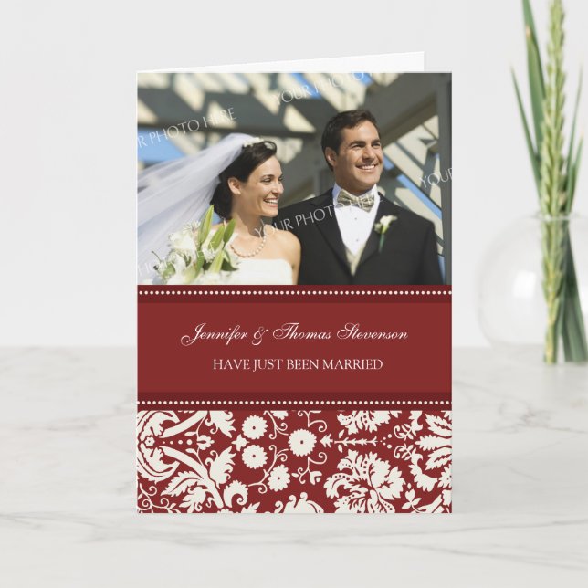 Red Damask Just Married Photo Announcement Card (Front)