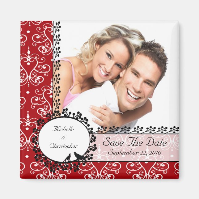 Red Damask Love Birds Photo Save The Date Magnet (Front)
