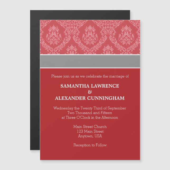 Red Damask Magnetic Wedding Invitation (Front/Back)