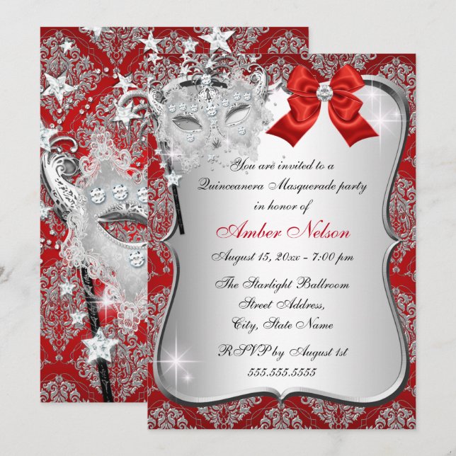 Red Damask Mask Quinceanera Masquerade Invite (Front/Back)