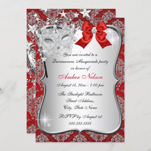 Red Damask Mask Quinceanera Masquerade Invite