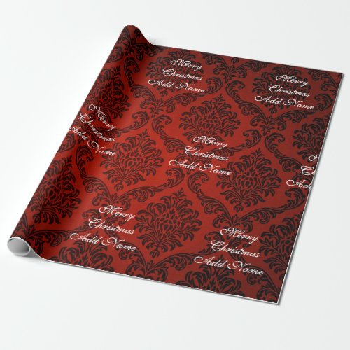 Red Damask Merry Christmas with Name Christmas Wrapping Paper