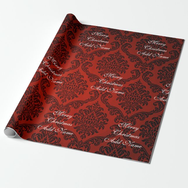 Red Damask Merry Christmas with Name Christmas Wrapping Paper (Unrolled)