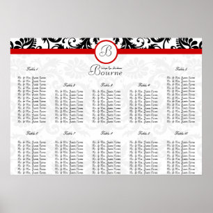 Red Damask Monogram Seating Chart Table Numbers