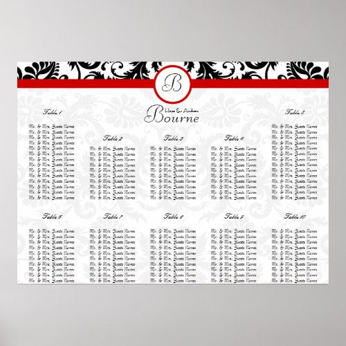 Red Damask Monogram Seating Chart Table Numbers