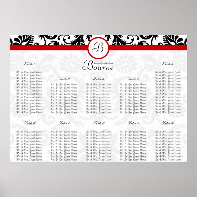 Red Damask Monogram Seating Chart Table Numbers (Front)