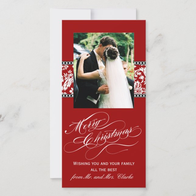 Red Damask Newly Weds First Christmas Photo Card (Front)