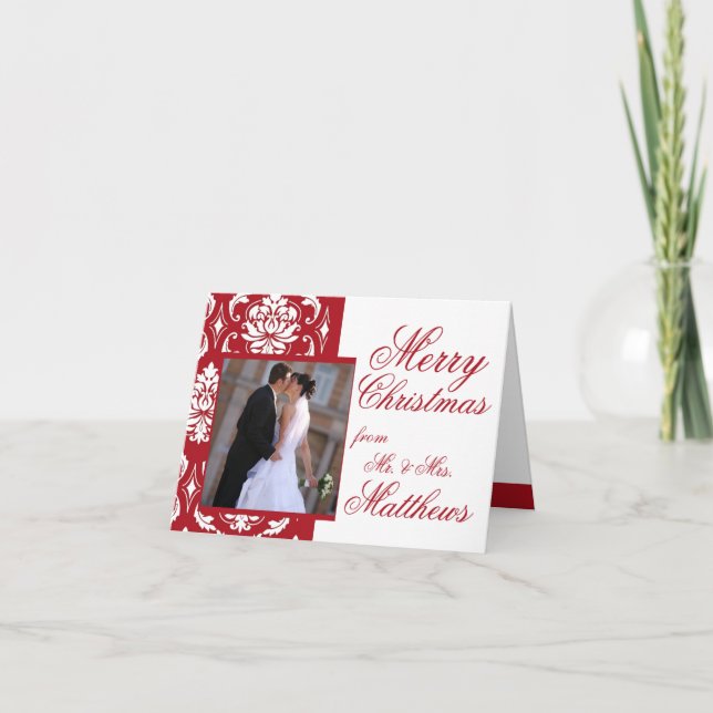Red Damask Newlywed Photo First Christmas Cards (Front)