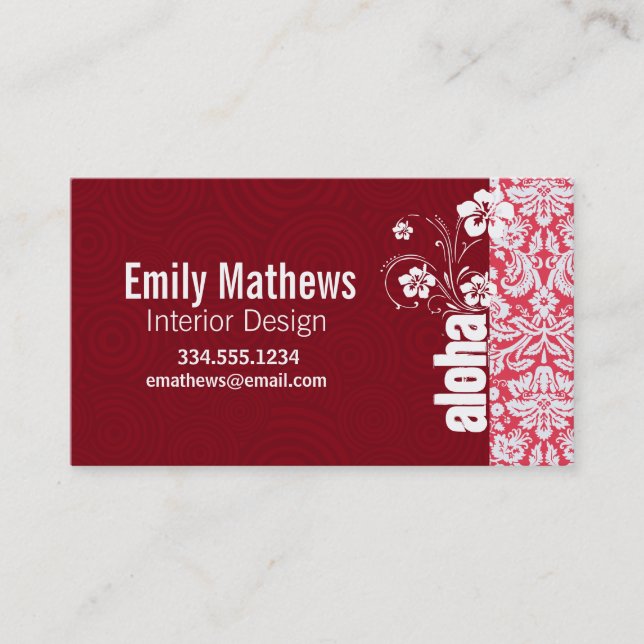 Red Damask Pattern; Aloha Business Card (Front)