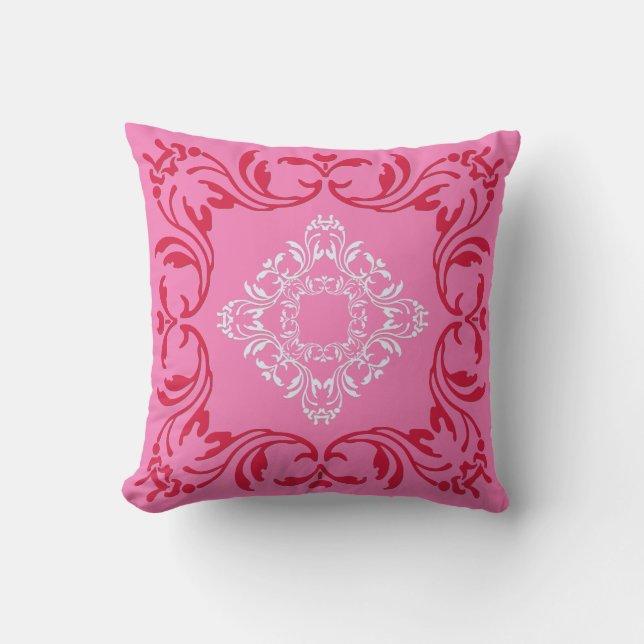 Red damask pattern | Charm pink background Throw Pillow (Front)