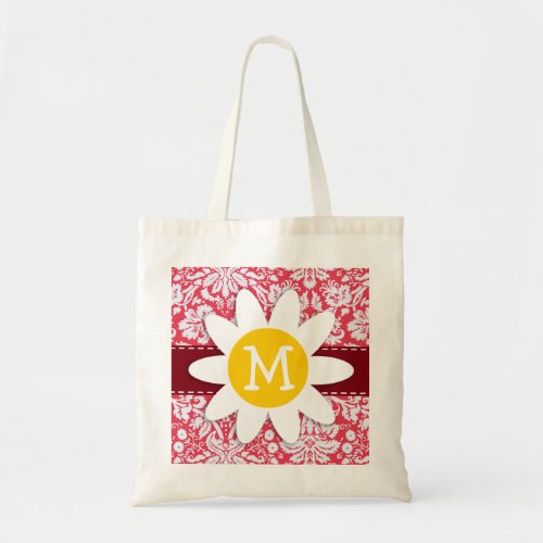 Red Damask Pattern Daisy Tote Bag