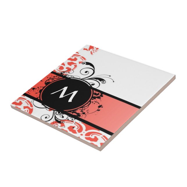 Red damask pattern monogram ceramic tile (Side)