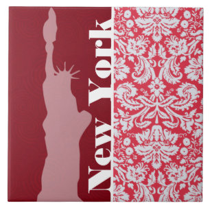 Red Damask Pattern; New York; Statue of Liberty Ceramic Tile