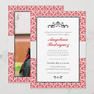 Red Damask Pattern Photo Graduation Invitation