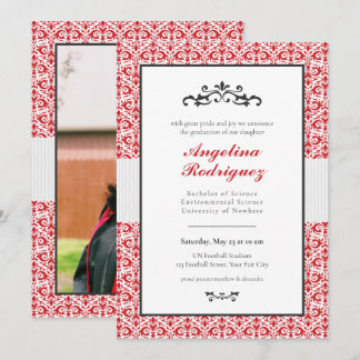 Red Damask Pattern Photo Graduation Invitation