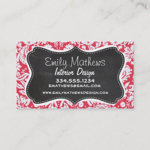 Red Damask Pattern; Vintage Chalkboard Business Card