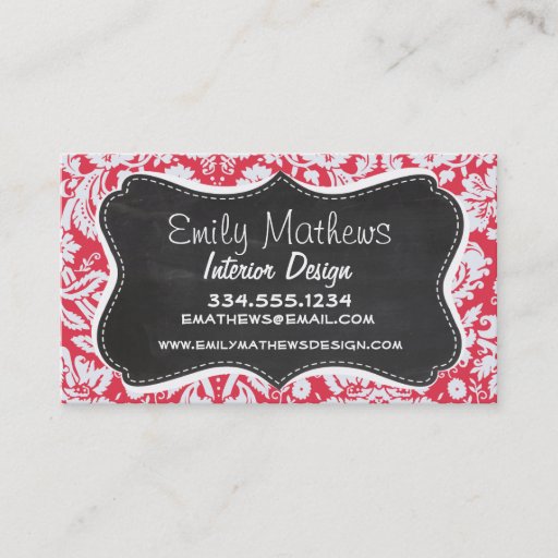 Customizable Red Damask Pattern; Vintage Chalkboard Business Card