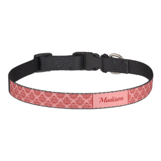Red Damask Pattern With Custom Pet Name Collar
