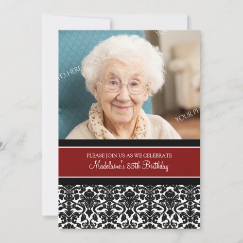 Red Damask Photo 85th Birthday Party Invitations