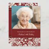 Red Damask Photo 90th Birthday Party Invitations (Front/Back)
