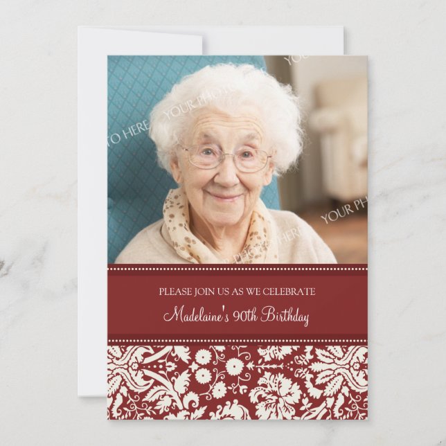 Red Damask Photo 90th Birthday Party Invitations (Front)