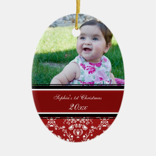 Red Damask Photo Baby's 1st Christmas Ornament (Front)
