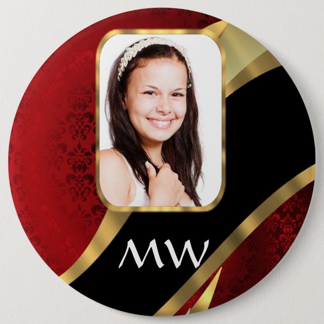 Red damask photo template button (Front)