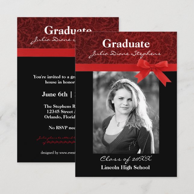 Red Damask & Red Bow - 3x5 Graduation Announcement (Front/Back)
