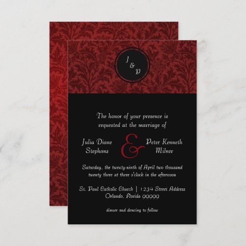 Red Damask  Red Bow _ 3x5 Wedding Invitation