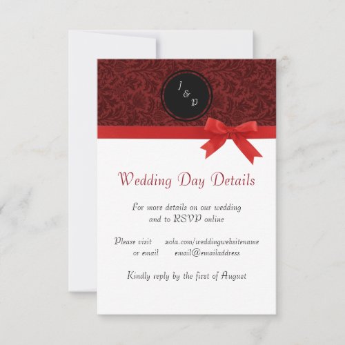 Red Damask  Red Bow _ Wedding Day Details Invitation
